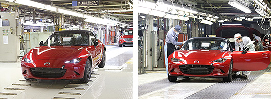 The first all-new Mazda MX-5 off the production line (Japanese spec)